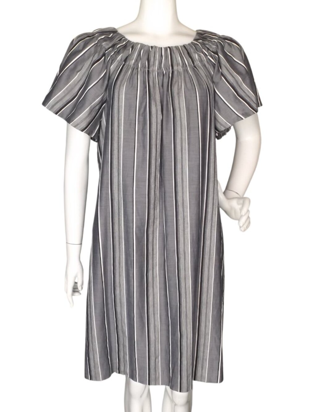 ABBEY GLASS Dress, L, Grey/Black Stripes, Wide Bow Back, Flutter sleeve, Shift